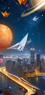 Cosmic cityscape with origami cranes and planets.