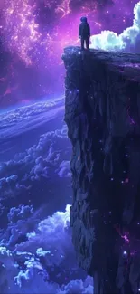 Person stands atop a cosmic cliff with a stunning galaxy backdrop.