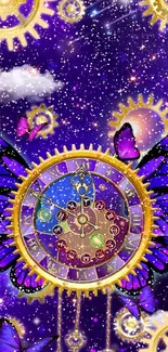 Cosmic clock and butterfly mobile wallpaper with golden gears and purple galaxy.