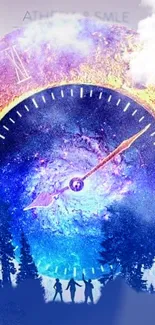 Cosmic clock with vibrant colors and adventurers.