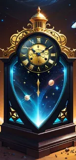 Cosmic clock against a fantasy space backdrop with celestial details.