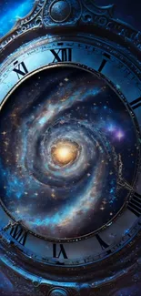 A cosmic clock with swirling galaxy on wallpaper.
