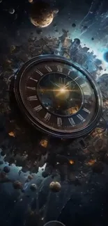Cosmic clock in a sci-fi space setting with planets and stars.