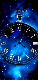 Cosmic blue wallpaper with a vintage clock and starry sky, perfect for mobile.