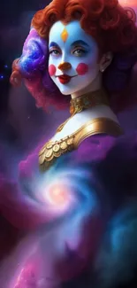 Cosmic clown art with vibrant colors in a surreal galaxy background.