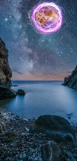 Cosmic nightscape with celestial orb over a serene coastal background.