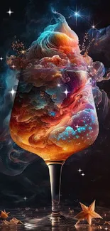 Artistic cosmic cocktail with nebulae in a glass, vibrant mobile wallpaper.