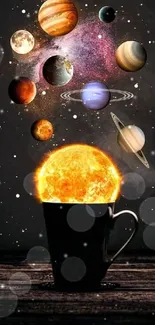 Cosmic coffee cup with vibrant planets in a surreal art design.