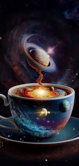 A surreal coffee cup with planets and galaxies floating above.