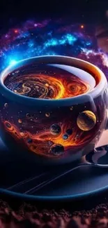 A coffee cup with a cosmic galaxy inside, set in outer space.