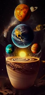 Fantasy planets emerging from coffee cup.