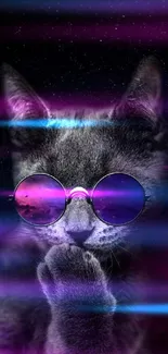 Cat with sunglasses in cosmic style wallpaper.