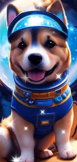 Cute corgi in a futuristic space suit with a cosmic background.