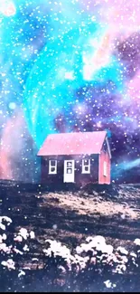 Fantasy cottage under cosmic starry sky wallpaper.