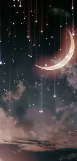 Crescent moon with stars in a night sky wallpaper.