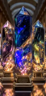 Cosmic crystal display with galaxy design in vivid colors.