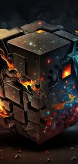 Digital art of a cosmic and fiery cube with vibrant colors and dark background.