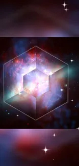 Space-themed wallpaper with a glowing cube and galaxy background.