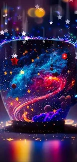 A cosmic-themed mug with a vibrant galaxy design and glowing stars.