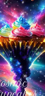 Colorful cosmic cupcakes against a vibrant galaxy background.