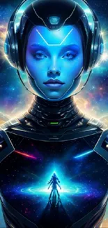 Futuristic blue-skinned cyber warrior in a cosmic setting with digital elements.