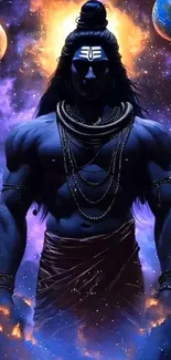 Cosmic deity surrounded by planets and stars.