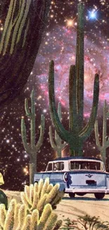 Vintage car with cactus in cosmic desert landscape.