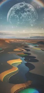 Surreal desert landscape with moon, rainbow, and shimmering waters.