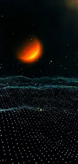 Digital cosmic landscape with orange nebula and starry night sky.