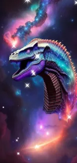 Vibrant cosmic dinosaur head in a galaxy setting for mobile wallpaper.