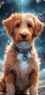 A cute dog in space with glowing collar and planets in the background.