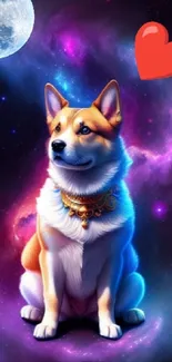 Dog in cosmic nebula with heart symbol.