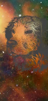 Cosmic dog portrait with a galaxy background.