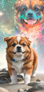 Dog in a cosmic fantasy scene with stars.