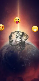 Cosmic dog and emojis in space-themed wallpaper.