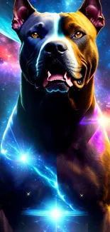 Majestic dog in a cosmic galaxy fantasy art wallpaper.