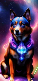 Cosmic dog with vibrant colors in space fantasy artwork.