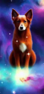 Fantasy dog in a colorful cosmic scene with galaxies and vibrant hues.