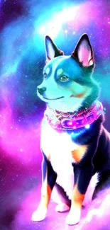 Cute dog with cosmic background in vibrant colors.