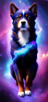 A cosmic dog sits against a vibrant galaxy background, full of stars and colors.