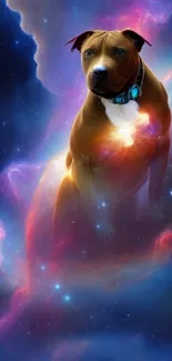 A majestic dog floats amidst a colorful cosmic galaxy.