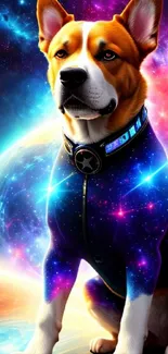 Vibrant cosmic-themed wallpaper featuring a galaxy-clad dog.