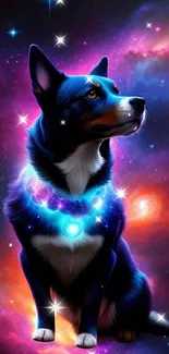 Cosmic dog with a glowing necklace in a purple galaxy background.