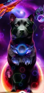 Neon dog in cosmic galaxy with vibrant colors and futuristic elements.