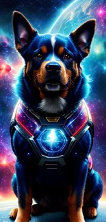 Cosmic dog sitting on Earth in space art wallpaper.