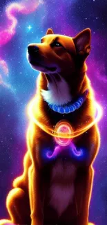 A cosmic dog surrounded by a vibrant galaxy in space art.