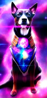 Cosmic dog in a colorful galaxy scene mobile wallpaper.