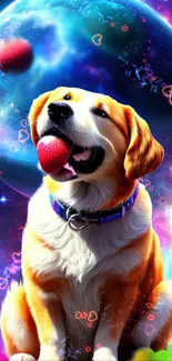 Vibrant cosmic dog wallpaper with a galaxy background.