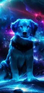 Cosmic blue dog amidst vibrant galaxies.