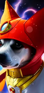 Dog wearing red superhero suit in a cosmic background.